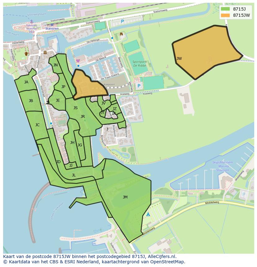Afbeelding van het postcodegebied 8715 JW op de kaart.