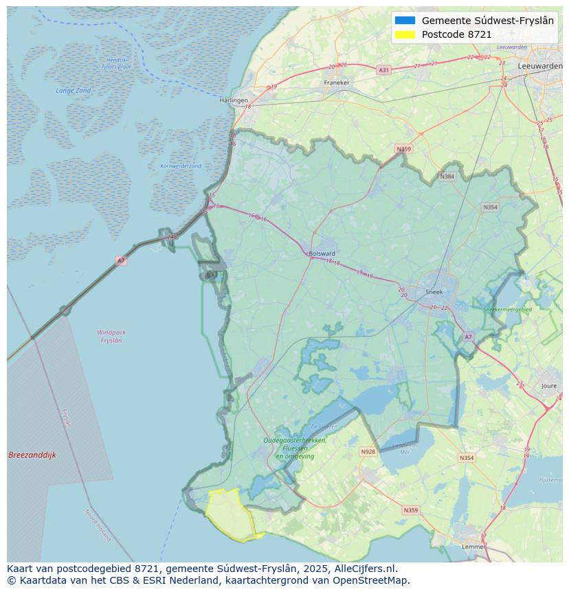 Afbeelding van het postcodegebied 8721 op de kaart.