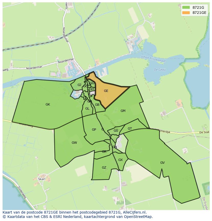 Afbeelding van het postcodegebied 8721 GE op de kaart.