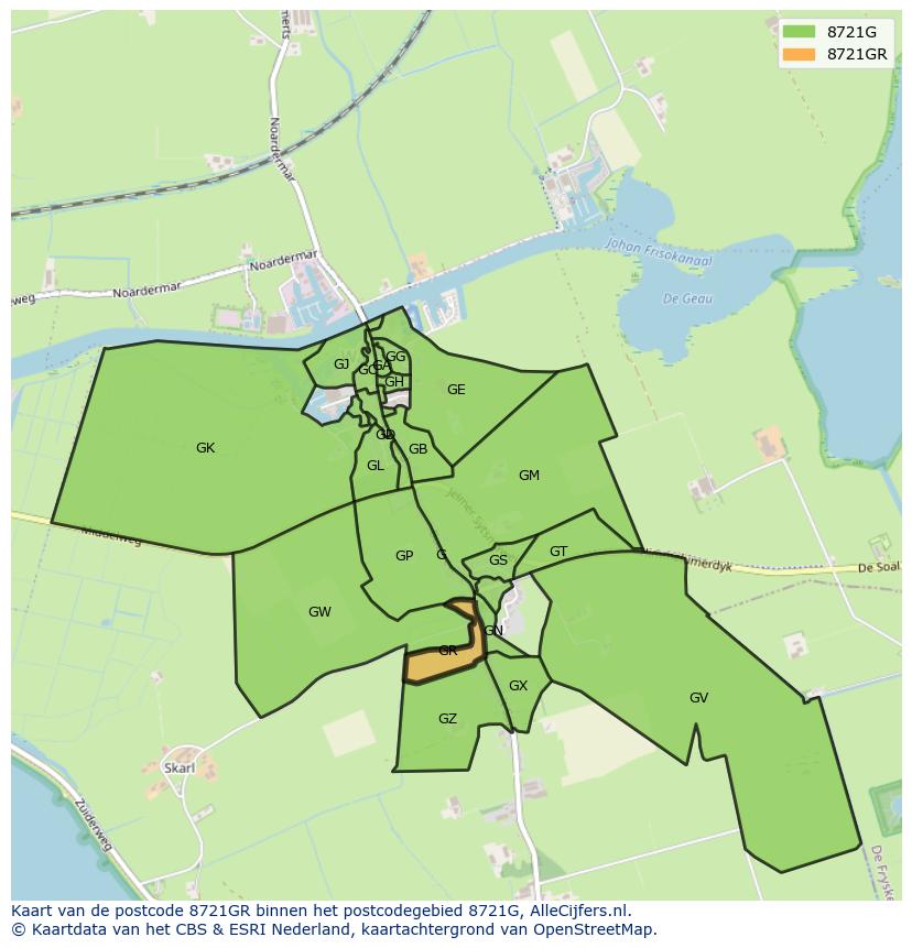 Afbeelding van het postcodegebied 8721 GR op de kaart.