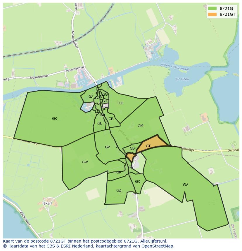 Afbeelding van het postcodegebied 8721 GT op de kaart.