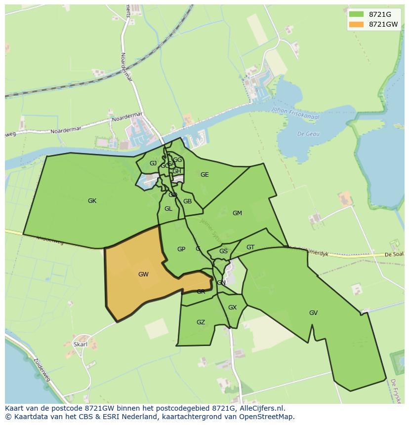 Afbeelding van het postcodegebied 8721 GW op de kaart.
