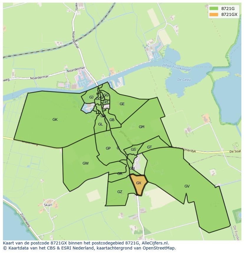 Afbeelding van het postcodegebied 8721 GX op de kaart.
