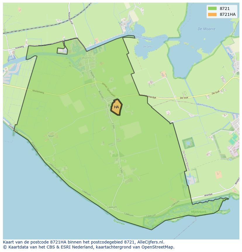 Afbeelding van het postcodegebied 8721 HA op de kaart.