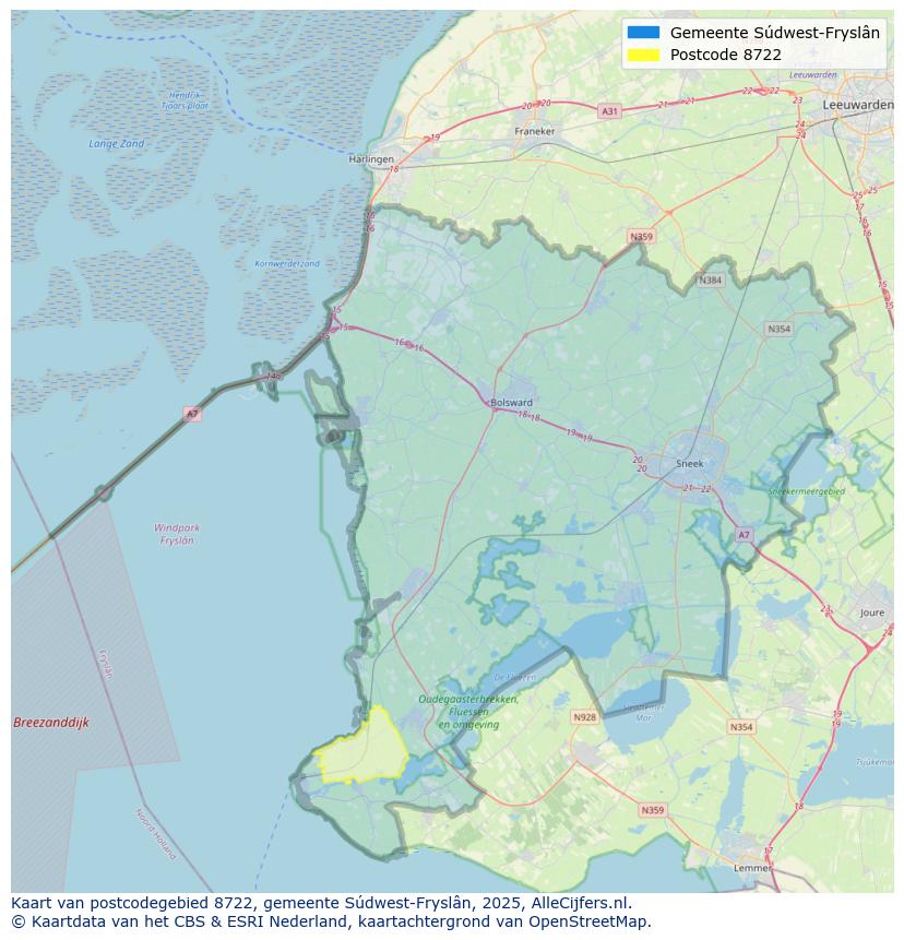 Afbeelding van het postcodegebied 8722 op de kaart.