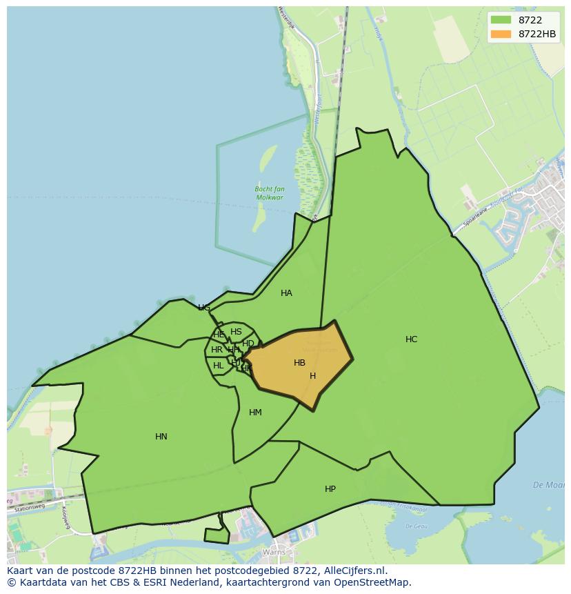 Afbeelding van het postcodegebied 8722 HB op de kaart.