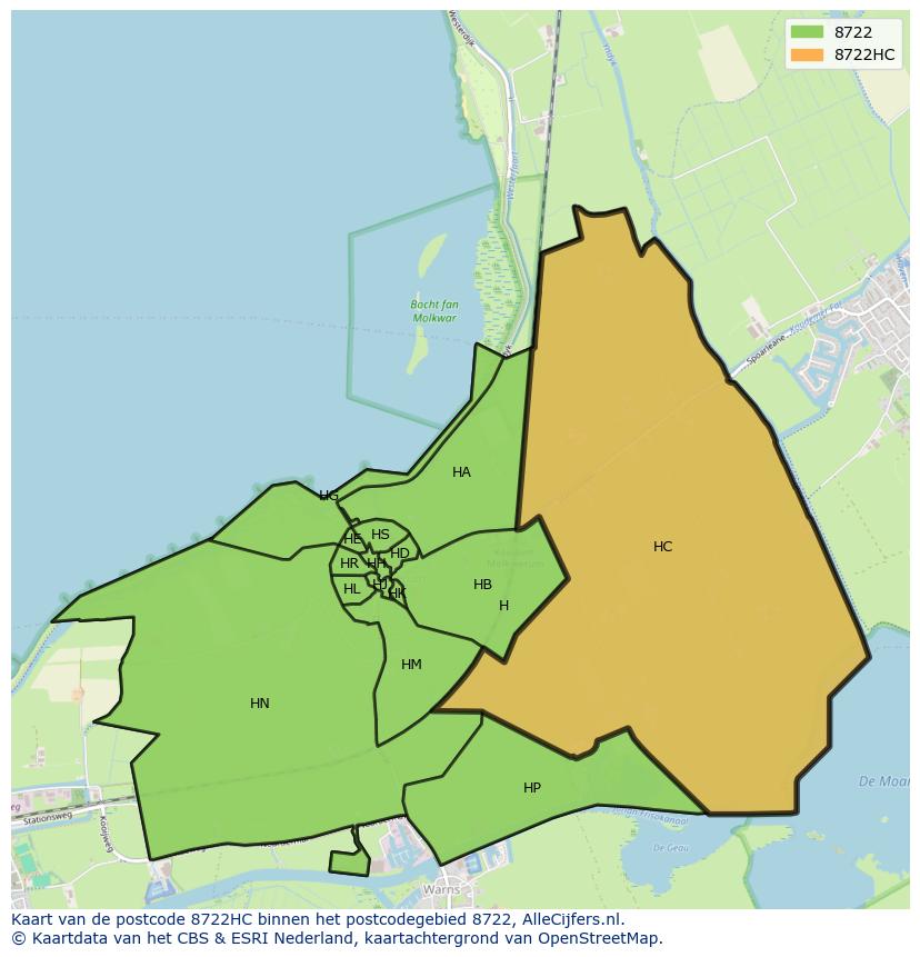 Afbeelding van het postcodegebied 8722 HC op de kaart.