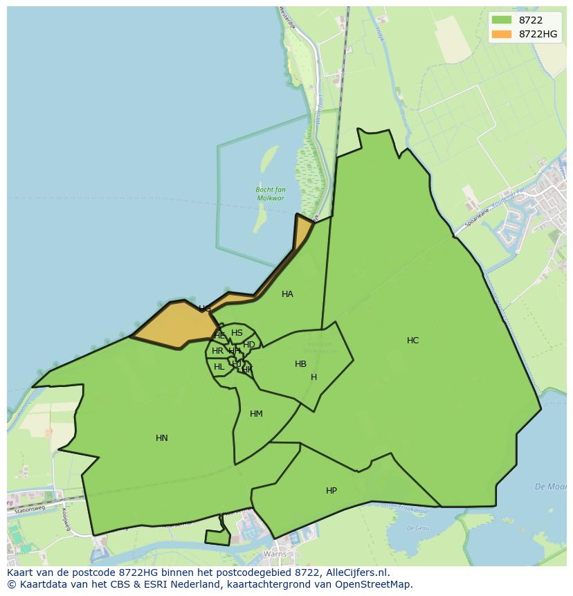 Afbeelding van het postcodegebied 8722 HG op de kaart.