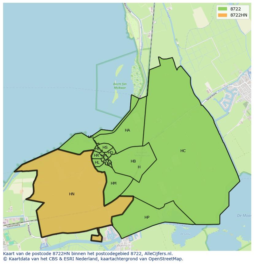 Afbeelding van het postcodegebied 8722 HN op de kaart.