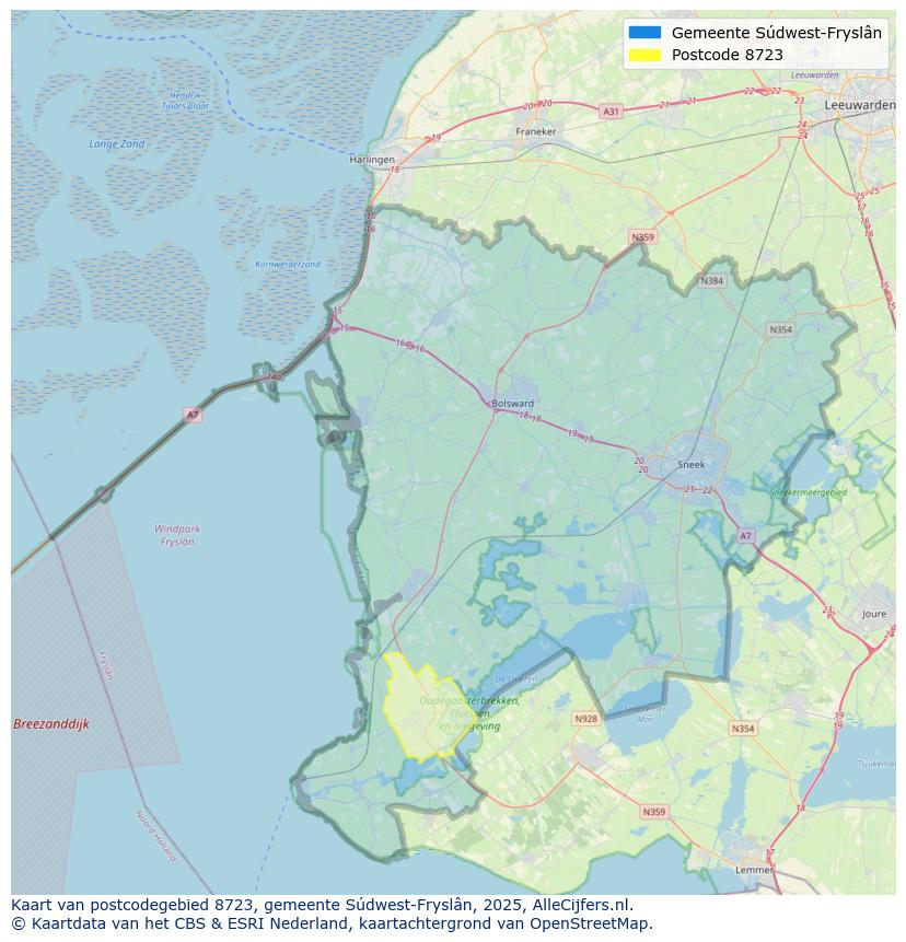 Afbeelding van het postcodegebied 8723 op de kaart.