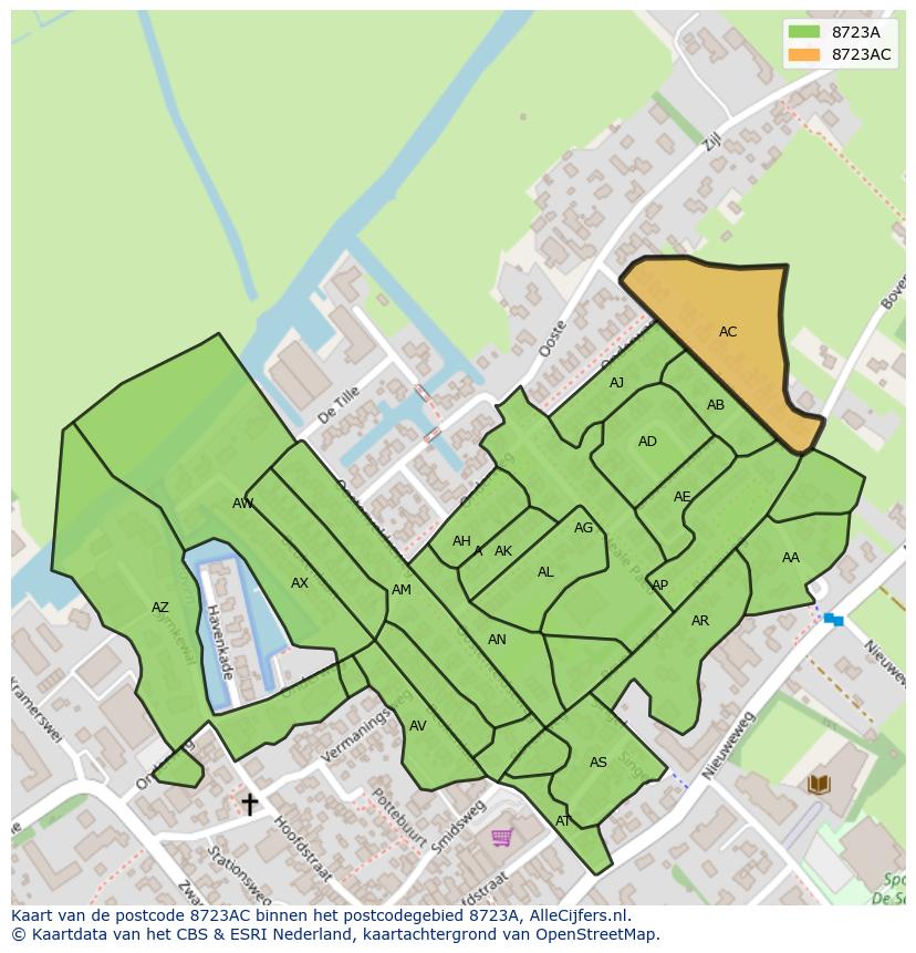 Afbeelding van het postcodegebied 8723 AC op de kaart.