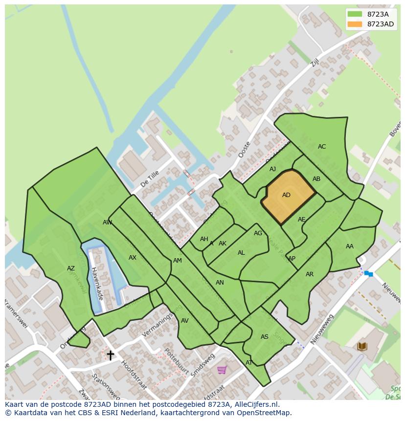 Afbeelding van het postcodegebied 8723 AD op de kaart.