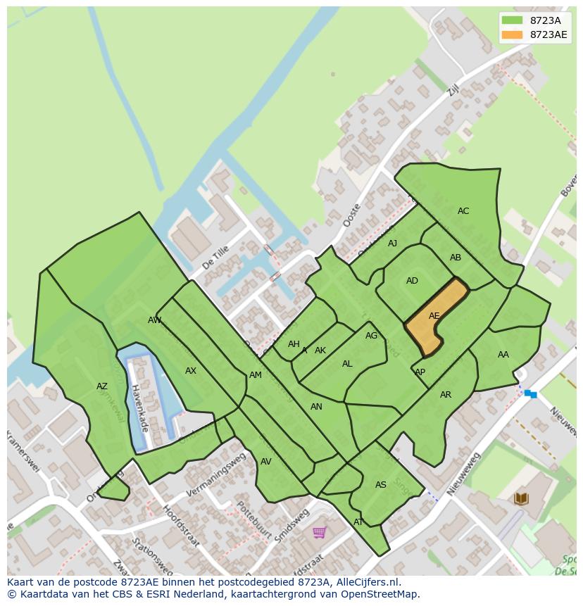 Afbeelding van het postcodegebied 8723 AE op de kaart.