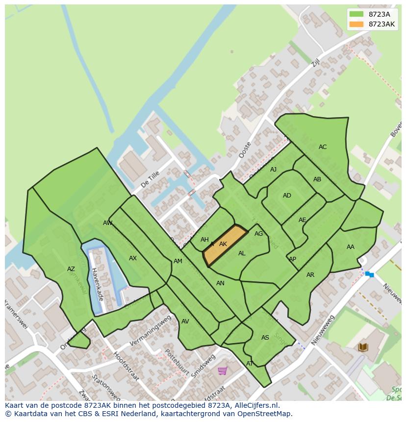 Afbeelding van het postcodegebied 8723 AK op de kaart.