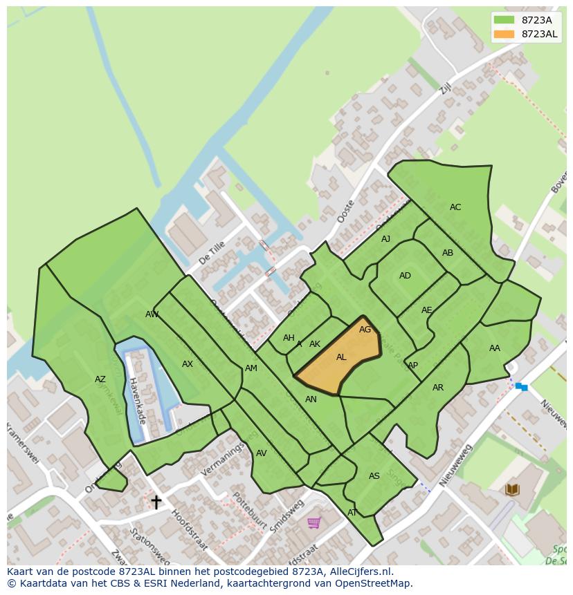 Afbeelding van het postcodegebied 8723 AL op de kaart.