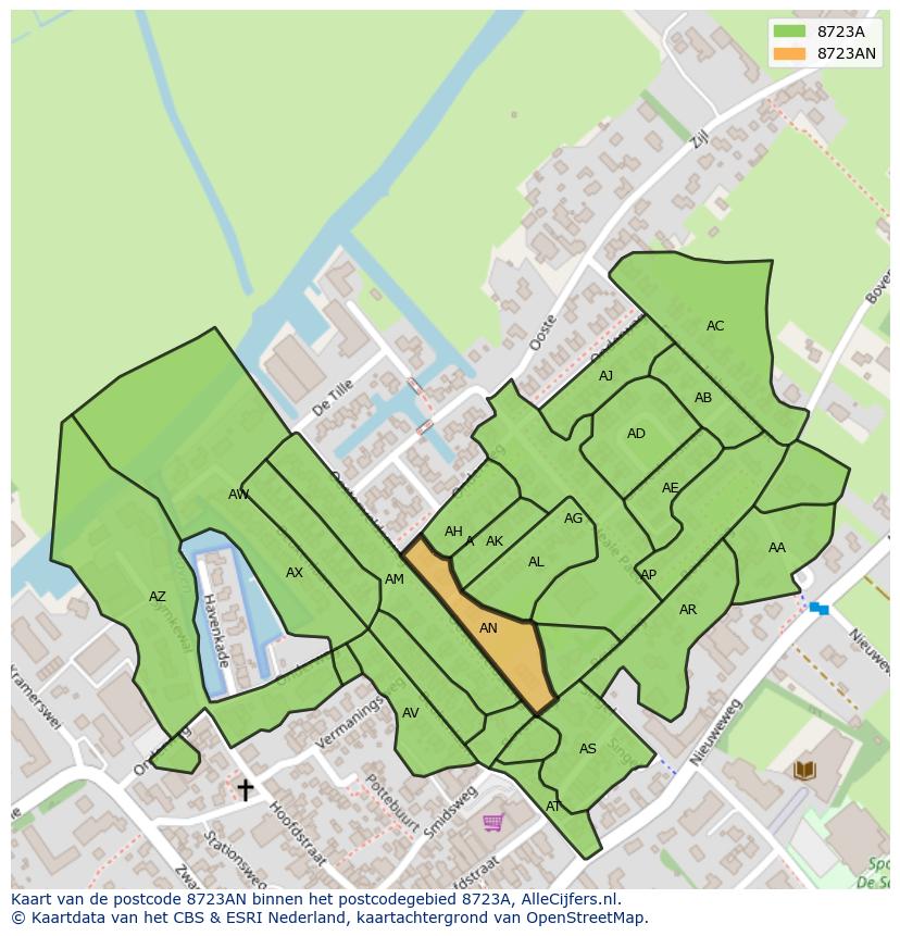 Afbeelding van het postcodegebied 8723 AN op de kaart.