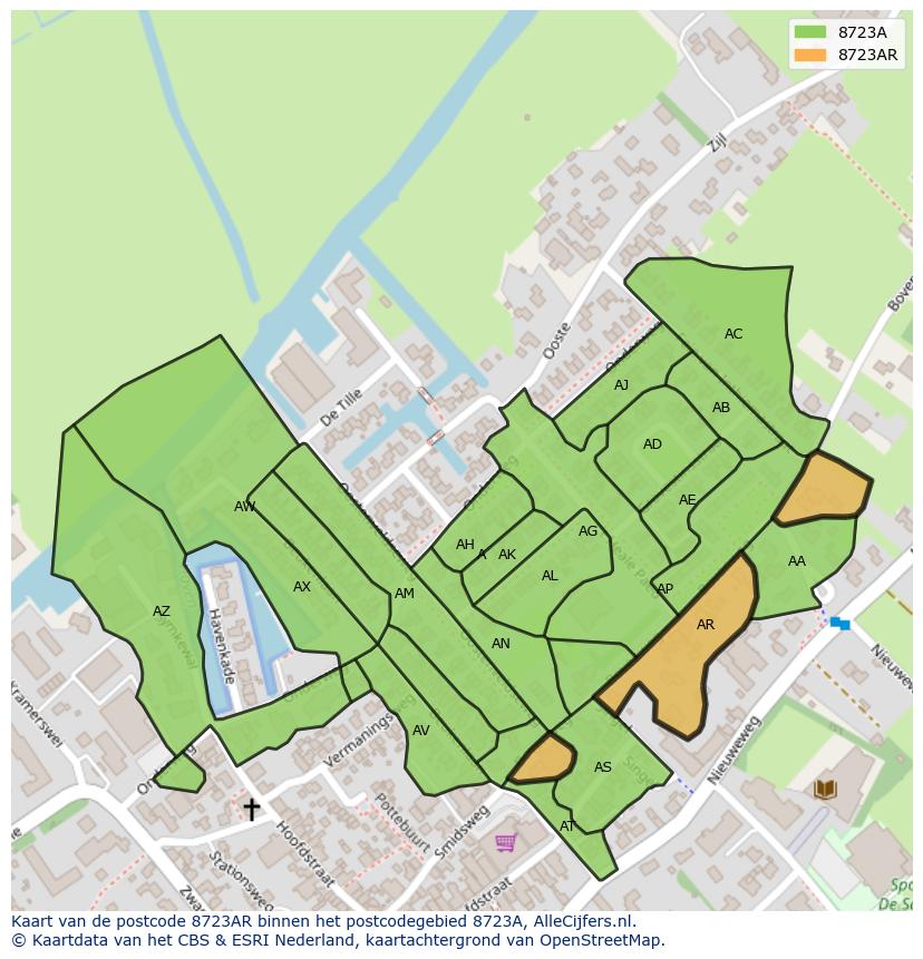 Afbeelding van het postcodegebied 8723 AR op de kaart.