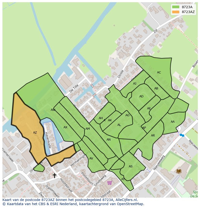 Afbeelding van het postcodegebied 8723 AZ op de kaart.