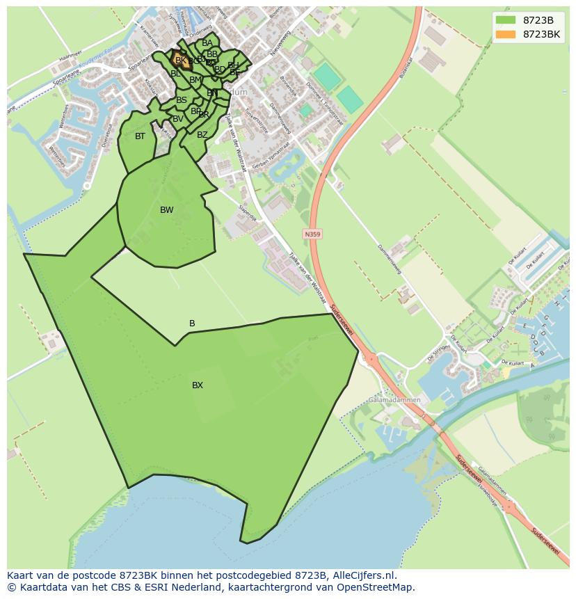 Afbeelding van het postcodegebied 8723 BK op de kaart.