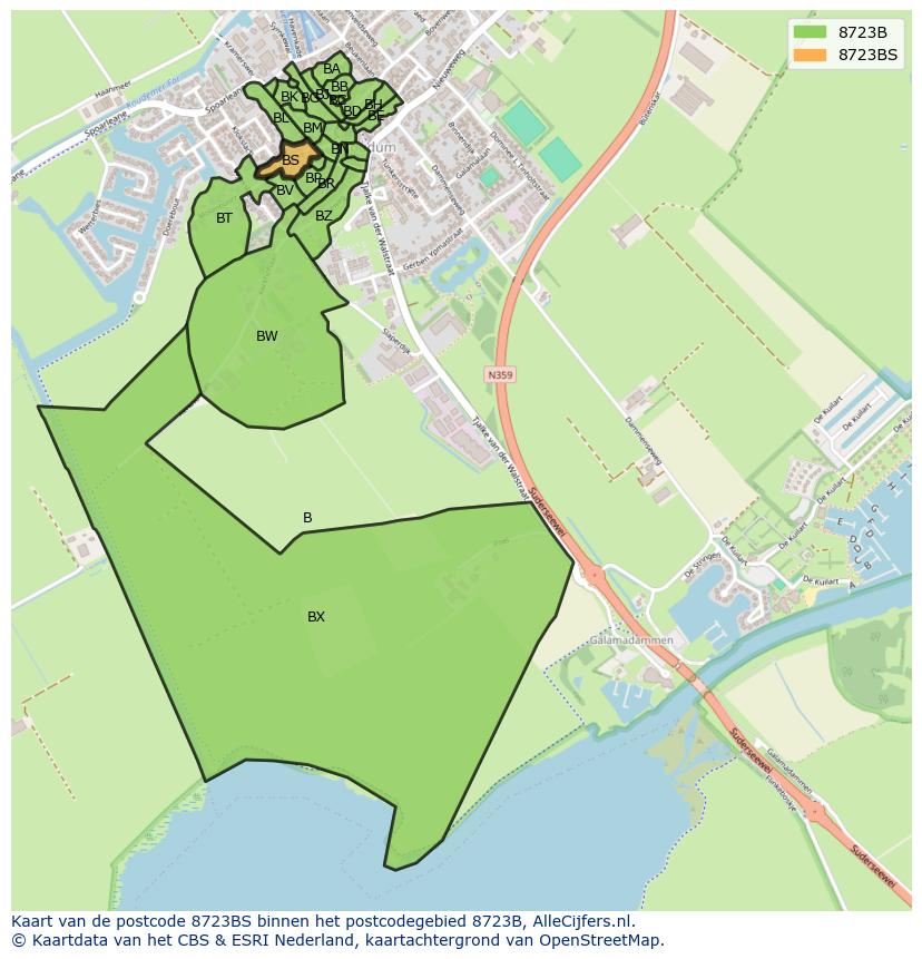 Afbeelding van het postcodegebied 8723 BS op de kaart.