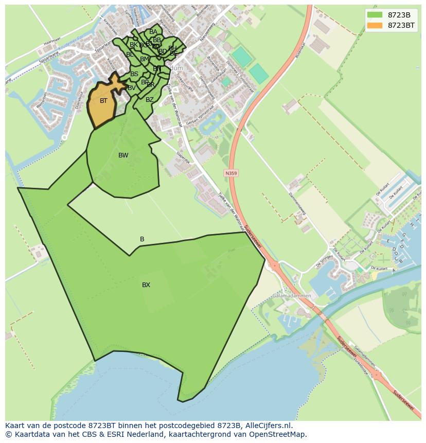 Afbeelding van het postcodegebied 8723 BT op de kaart.