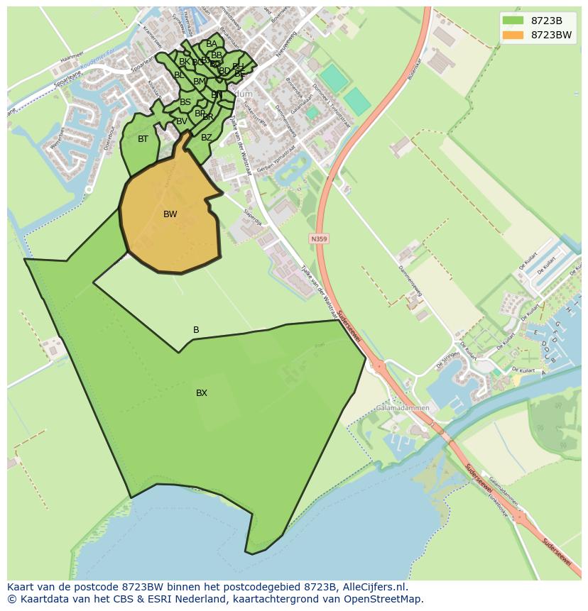 Afbeelding van het postcodegebied 8723 BW op de kaart.