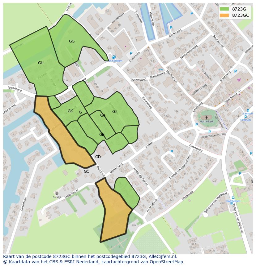Afbeelding van het postcodegebied 8723 GC op de kaart.