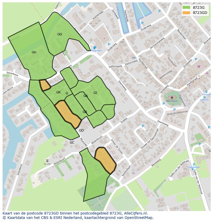 Afbeelding van het postcodegebied 8723 GD op de kaart.