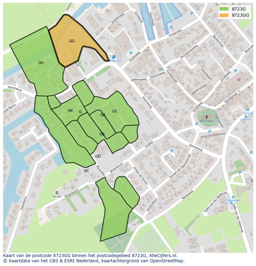 Afbeelding van het postcodegebied 8723 GG op de kaart.