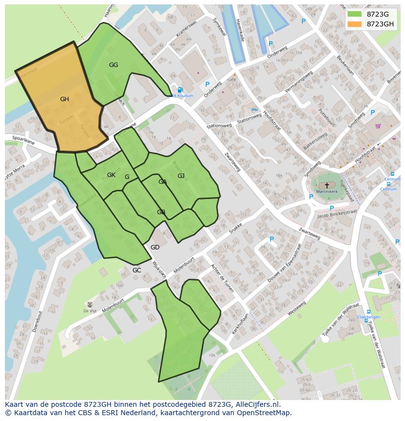 Afbeelding van het postcodegebied 8723 GH op de kaart.