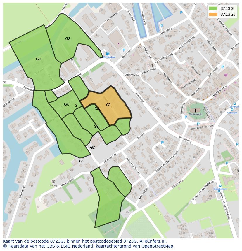 Afbeelding van het postcodegebied 8723 GJ op de kaart.
