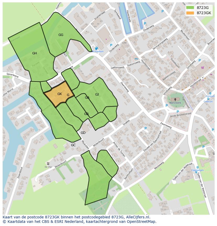 Afbeelding van het postcodegebied 8723 GK op de kaart.