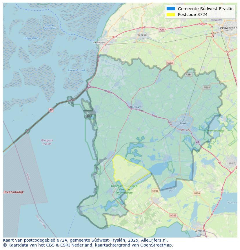 Afbeelding van het postcodegebied 8724 op de kaart.