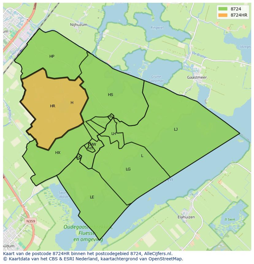 Afbeelding van het postcodegebied 8724 HR op de kaart.