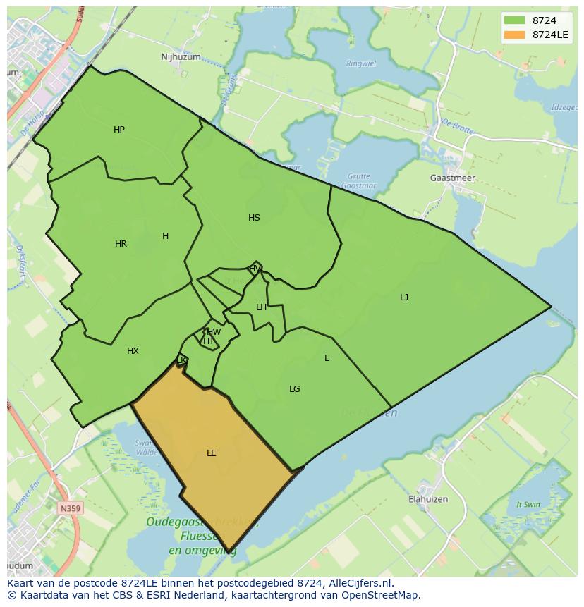 Afbeelding van het postcodegebied 8724 LE op de kaart.
