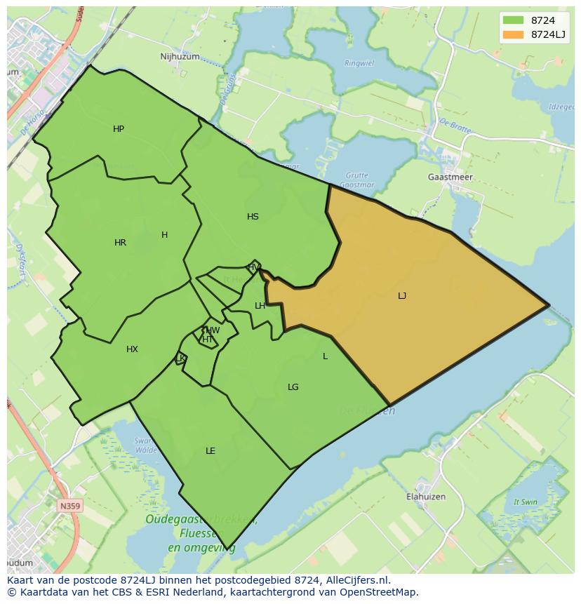 Afbeelding van het postcodegebied 8724 LJ op de kaart.