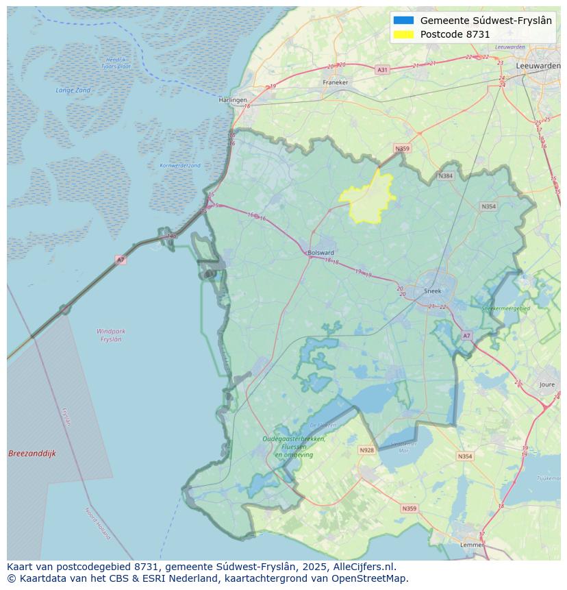 Afbeelding van het postcodegebied 8731 op de kaart.