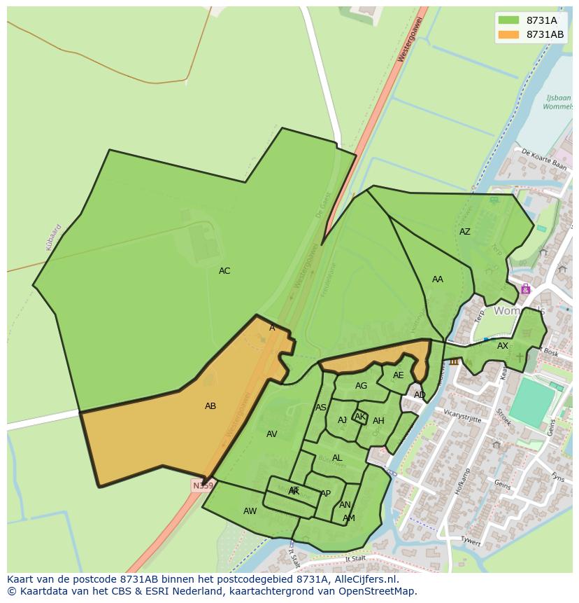 Afbeelding van het postcodegebied 8731 AB op de kaart.