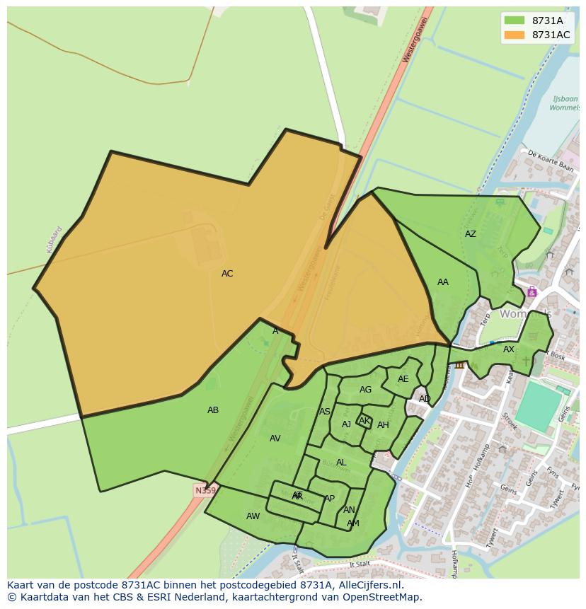 Afbeelding van het postcodegebied 8731 AC op de kaart.