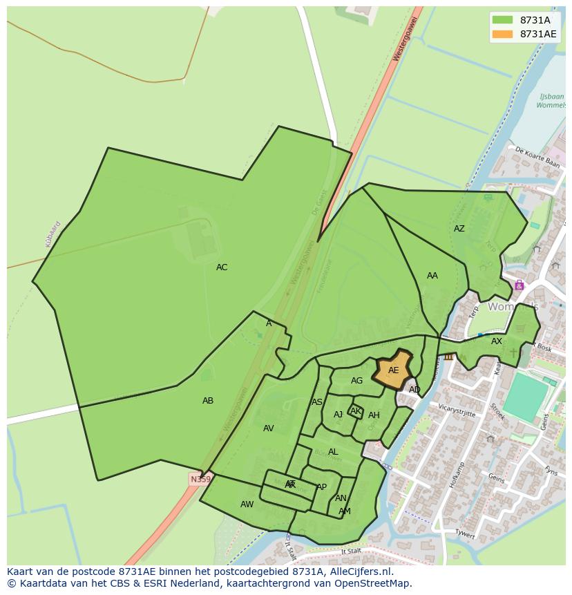 Afbeelding van het postcodegebied 8731 AE op de kaart.