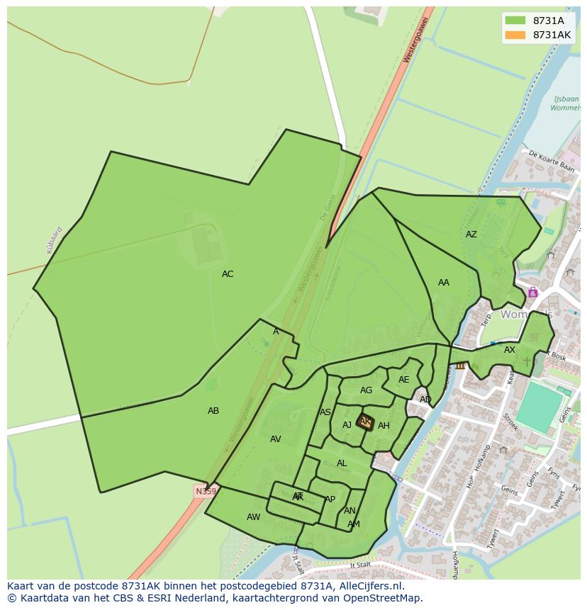 Afbeelding van het postcodegebied 8731 AK op de kaart.