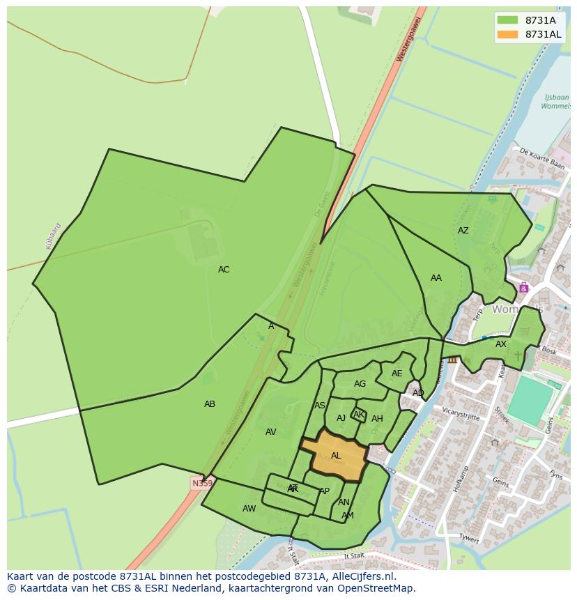 Afbeelding van het postcodegebied 8731 AL op de kaart.