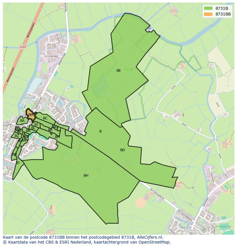 Afbeelding van het postcodegebied 8731 BB op de kaart.