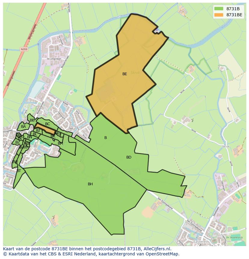 Afbeelding van het postcodegebied 8731 BE op de kaart.