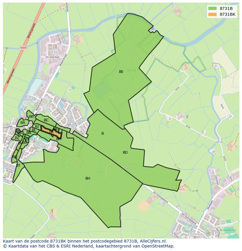 Afbeelding van het postcodegebied 8731 BK op de kaart.