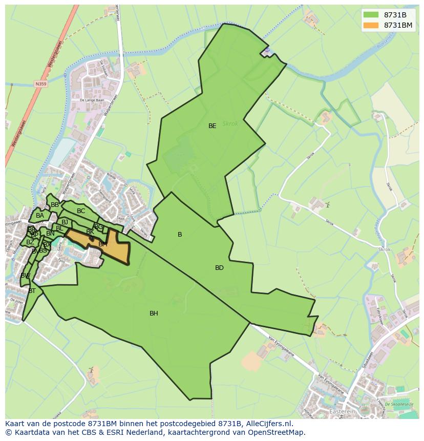 Afbeelding van het postcodegebied 8731 BM op de kaart.