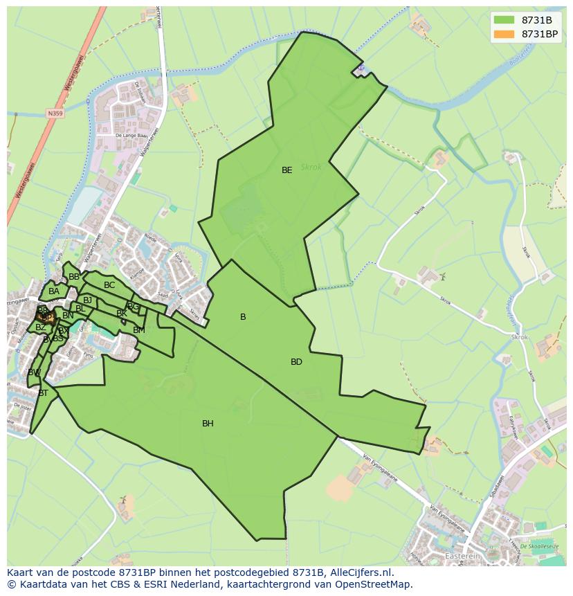 Afbeelding van het postcodegebied 8731 BP op de kaart.
