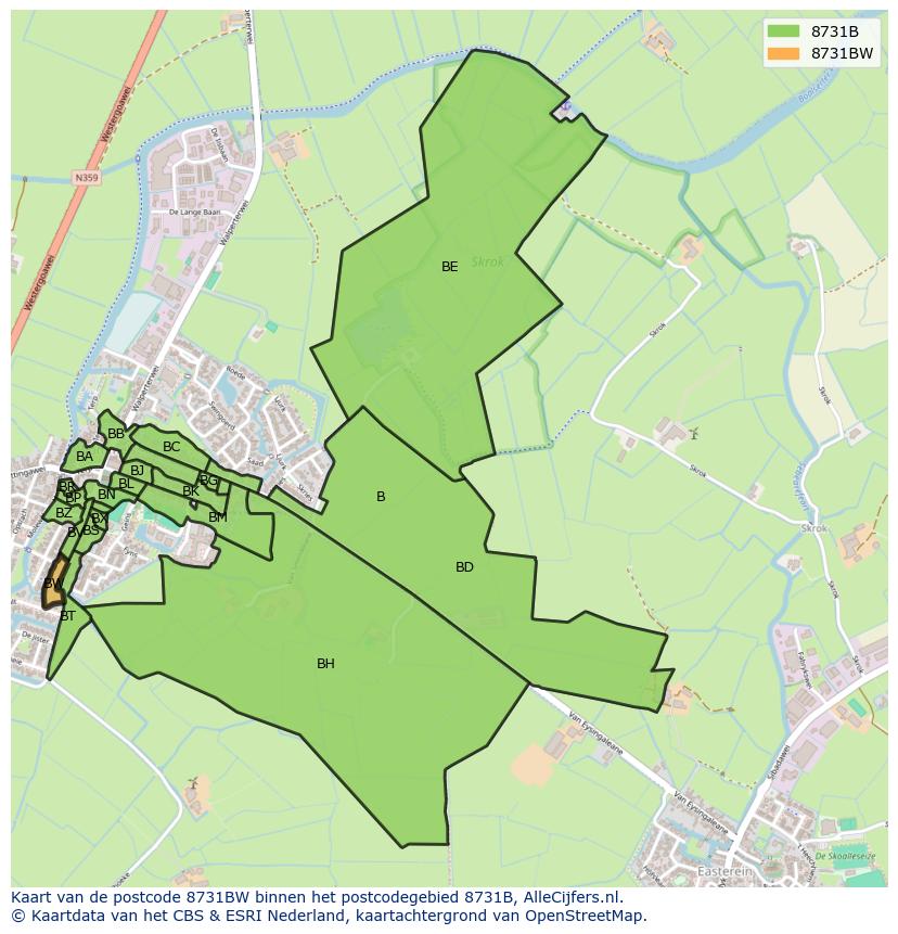 Afbeelding van het postcodegebied 8731 BW op de kaart.