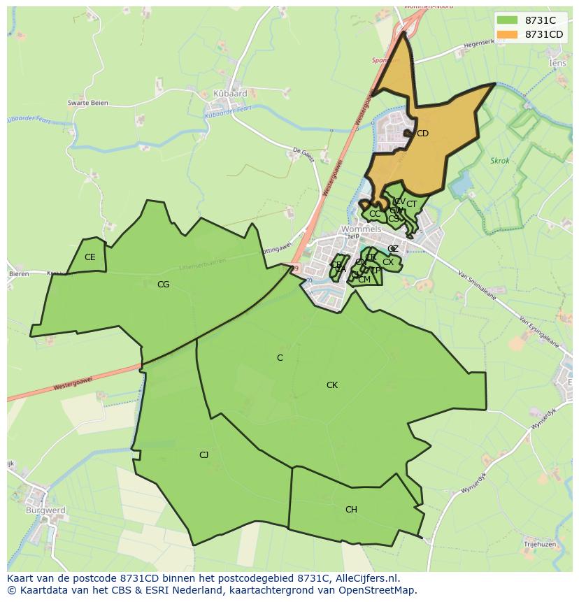 Afbeelding van het postcodegebied 8731 CD op de kaart.
