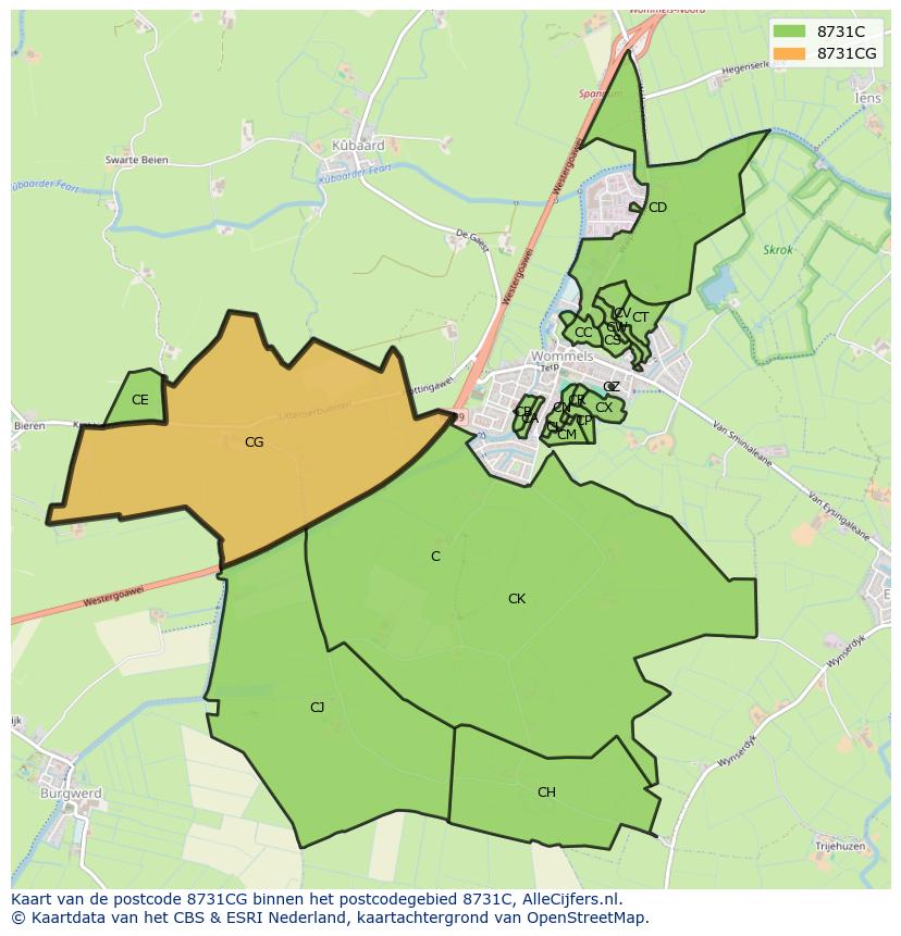 Afbeelding van het postcodegebied 8731 CG op de kaart.